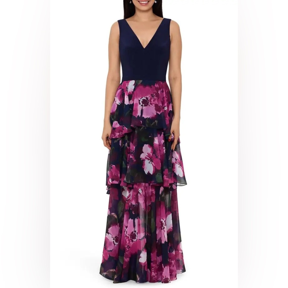 Formal dress, wedding, floral XSCAPE tiered gown